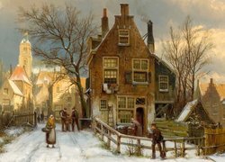 Ludzie w zimowym miasteczku na obrazie Willema Koekkoeka