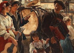 Malarstwo, Obraz, Ernst Abraham Josephson, Kobieta, Mężczyźni, Dzieci, Instrumenty, Akordeon, Bęben