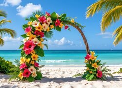 Łuk udekorowany kolorowymi kwiatami oraz palmy na morskiej plaży
