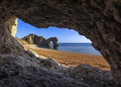 Łuk wapienny, Durdle Door, Wybrzeże Jurajskie, Plaża, Skały, Morze, Hrabstwo Dorset, Anglia