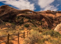 Skały, Łuki skalne, Devils Garden, Rośliny, Ogrodzenie, Park Narodowy Arches, Stan Utah, Stany Zjednoczone