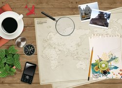 Kawa, Kompas, Mapa, Lupa, Koperty, Zdjęcia, Telefon, Deski, Podróż