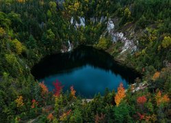 Jezioro, Gypsum Mine Lake, Lasy, Jesień, Skały, Nowa Szkocja, Kanada
