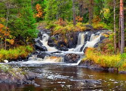Rzeka, Wodospad, Jesień, Kamienie, Drzewa