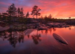 Rosja, Karelia, Jezioro, Ładoga, Zachód słońca, Skały, Drzewa