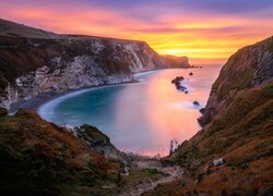 Anglia, Hrabstwo Dorset, Morze, Zatoka Man OWar, Góry, Skały, Zachód słońca