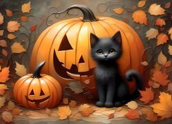Czarny, Kot, Dynia, Liść, Jesień, Grafika, Halloween