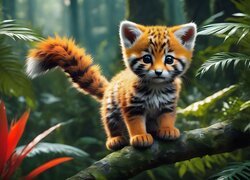 Mały dziki kotek na konarze drzewa w dżungli