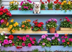 Mały kot i doniczki oraz skrzynki z kwiatami na niebieskich półkach