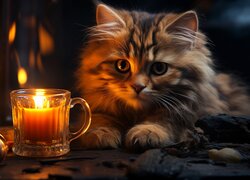 Mały kotek leżący obok świeczki