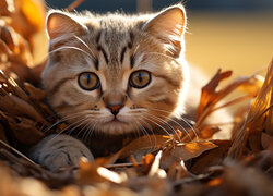 Mały kotek leżący w suchych liściach