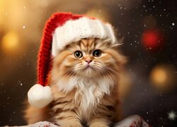 Mały kotek w czapce św Mikołaja