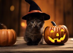 Mały, Kot, Kapelusz, Czarny, Dynie, Halloween