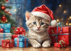 Boże Narodzenie, Kotek, Prezenty, Choinka, 2D