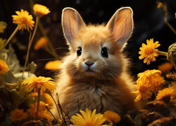 Mały królik wśród roślin i kwiatów