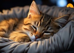 Mały rudy kotek śpiący w legowisku