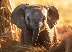 Mały słoń w suchej trawie