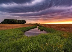 Mały staw na polu o zachodzie słońca