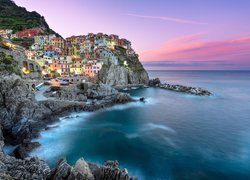 Wybrzeże, Cinque Terre, Manarola, Skały, Domy, Morze Liguryjskie, Gmina Riomaggiore, Liguria, Włochy