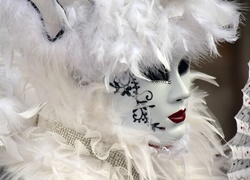 Maska karnawałowa pokryta białymi piórami