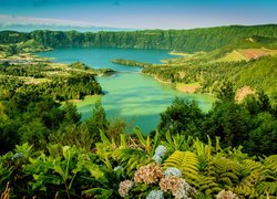 Jezioro Azul, Jezioro Verde, Wzgórza, Lasy, Roślinność, Obłoki, Sete Cidades, Wyspa Sao Miguel, Azory, Portugalia