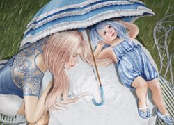 Matka z córką pod parasolką w grafice