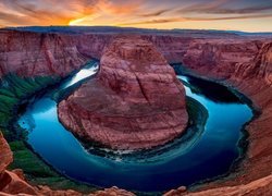 Park Narodowy Glen Canyon, Kanion, Skały, Rzeka, Kolorado River, Meander, Horseshoe Bend, Zachód słońca, Arizona, Stany Zjednoczone