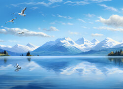 Jezioro, Góry, Ptaki, Niebo, Grafika
