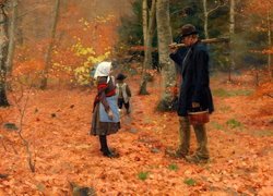 Mężczyzna i dzieci w jesiennym lesie na obrazie Hansa Andersena Brendekilde
