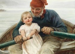 Mężczyzna i dziecko w łodzi na obrazie Fredericka Morgana