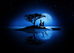 Mężczyzna klęczy przed kobietą na małej wysepce w blasku gwiazd i księżyca
