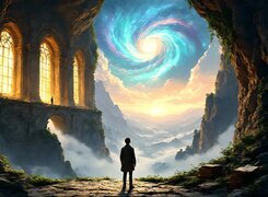 Góry, Skały, Zabytkowa, Budowla, Mgła, Mężczyzna, Rośliny, Fantasy