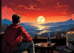 Mężczyzna przy stoliku na balkonie podziwiający zachód słońca