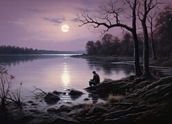 Mężczyzna siedzący nad jeziorem w księżycową noc