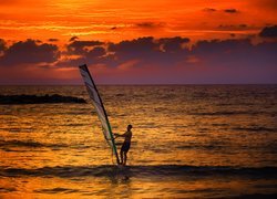 Mężczyzna, Morze, Zachód, Słońca, Windsurfing, Surfing, Deska