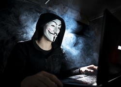 Mężczyzna, Anonymous, Maska, Laptop, Światło