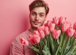 Mężczyzna z bukietem różowych tulipanów
