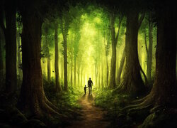 Mężczyzna z dzieckiem na leśnej ścieżce w grafice