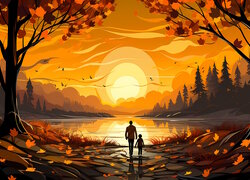 Mężczyzna, Dziecko, Drzewa, Jezioro, Jesień, Zachód słońca, Grafika
