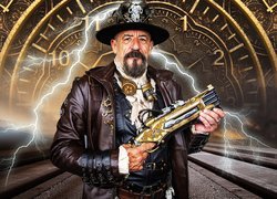 Mężczyzna, Pistolet, Kapelusz, Broda, Błyskawica, Ręce, Zegar, Steampunk