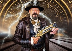 Mężczyzna z pistoletem w stylu steampunk