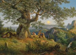 Malarstwo, Obraz, Eduard Leonhardi, Mężczyźni, Wzgórze, Drzewo