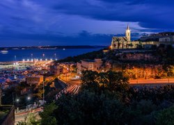 Miasto, Noc, Zatoka, Oświetlone, Ulice, Kościół Our lady of Lourdes, Mgarr, Wyspa Gozo, Malta