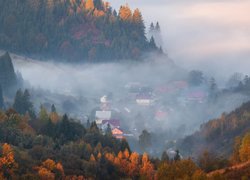 Jesień, Dolina, Domy, Mgła, Drzewa