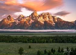 Mgła nad lasem i góry Teton Range pod kolorowymi chmurami