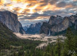 Stany Zjednoczone, Kalifornia, Park Narodowy Yosemite, Góry, Yosemite Valley, Dolina, Mgła, Drzewa, Chmury