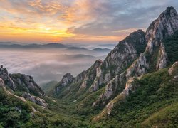 Góry, Lasy, Skały, Słoneczne światło, Mgła, Góry Wolchulsan, Park Narodowy Wolchulsan, Prowincja Jeolla Południowa, Korea Południowa