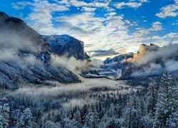 Kalifornia, Park Narodowy Yosemite, Dolina Yosemite Valley,  Góry, Zima, Mgła