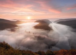 Rzeka, Saara River, Mgła, Lasy, Wschód słońca, Mettlach, Niemcy