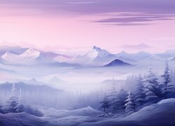 Zima, Mgła, Góry, Drzewa, 2D